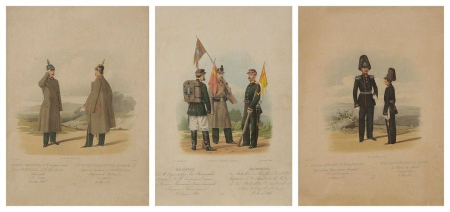Piratski

- Jalonneurs des Tirailleurs de l'empereur, des sapeurs de la garde et du bataillon d'instruction, 1866. Planche 447. 
Chromolithographie de Beck. Soldats en tenue de camp et petite tenue. Légères rousseurs. 41 x 30 cm 
- Officier supérieur et élève de l'école de génie. 1855. Planche 135.
Lithographie Lemercier. Petites taches-rousseurs. 41 x 32 cm 
-Officier subalterne du bataillon de sapeurs de la garde et général du régiment Preobrajenski. 1855. Planche 151. Lithographie Lemercier. Quelques rousseurs. 
41 x 32 cm