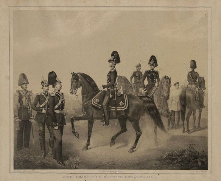 A. Goebens
Pionniers à cheval de la garde, 1858. 
Huit pionniers dessinés d'après nature à cheval et à pied. Litho V. Darleng - Dessin Bir. Rousseurs en bordure. 
65 x 80 cm
Sous verre