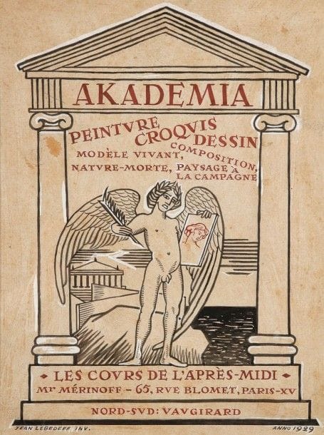 Jean LEBEDEFF (1884, Bogorodskoe, Nijni-Novgorod - 1972, Nîmes)

Akademia. Projet d'affiche, 1929
Encre noire et rouge, rehauts de blanc. 
Datée et signée en bas à gauche.
41 x 31 cm Lebedev Ivan Konstantinovitch, dessinateur, illustrateur, graveur sur bois. Il vint à Paris en 1909. En 1914-1917, il conçut des affichettes et affiches pour les soldats russes sur le front français. À partir de 1923, il fait partie du groupe d'artistes russes «Oudar». Il exercera l'art de la gravure sur bois aussi bien comme paysagiste que comme portraitiste