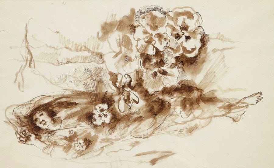 Pavel Fedorovitch TCHELITCHEW (1898, domaine de Doubrovka, Kaluga - 1957, Frascati)

Personnage aux pensées
Encre.
Signée au dos.
26 x 43 cm Il étudie le dessin sous la direction d'Alexandra Exter à Kiev. Fuyant l'avancée de l'Armée Rouge, il s'installe d'abord à Odessa, puis à Berlin. Il arrive à Paris en 1923 et intègre le mouvement néo-romantique avec les frères Berman et Christian Bérard. A Paris, il expose au Salon d'Automne, à la Galerie Druet, la Galerie Pierre et à la Galerie Vignon. Il fait des décors pour Serge Diaghliev et George Balanchine. Sa première exposition aux États-Unis à lieu au nouveau Museum of Modern Art en 1930. Il expose également à la Julian Levy Gallery et à la Galerie Claridge à Londres.
Entre 1940 et 1947 il fait des illustrations pour la révue surréaliste «View»
