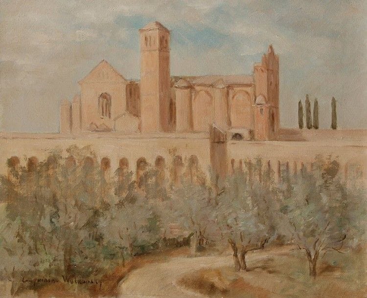Marie WOLKONSKY (née LOUGUININE) (1875, Moscou - 1960, San Remo) 
Église
Huile sur toile.
Signée en bas à gauche Louguinine Wolkonsky.
33 x 41 cm Fille du célèbre professeur de chimie et bibliophile Vladimir Fedorovitch Louguinine, épouse du prince sérénissime Alexandre Petrovitch Wolkonsky, mère du peintre Pierre Wolkonsky (1901-1997). A étudié à Moscou à l'école de peinture, sculpture et architecture et fréquenté l'Académie de la Grande Chaumière à Paris. Peint des portraits et des paysages d'Espagne, d'Italie, de Grèce, de Crimée, du Caucase, d'Odessa et de France. En 1910, expose au salon de Printemps de l'Académie des Beaux-Arts de Saint6pétersbourg, au salon des Tuileries de la Société Nationale des Beaux-Arts. Vit en France à partir de 1917. Expose à Paris (Bernheim, 1921 et J. Charpentier, 1929), à Londres (Jeeves art 1923) et dans son propre atelier à Saint-Cloud. En 1933, participe à l'exposition d'Art Russe à la galerie d'Alignan. En février 1939, exposition personnelle à la galerie J. Allard. En 1957, dernière exposition dans son atelier de Saint-Cloud