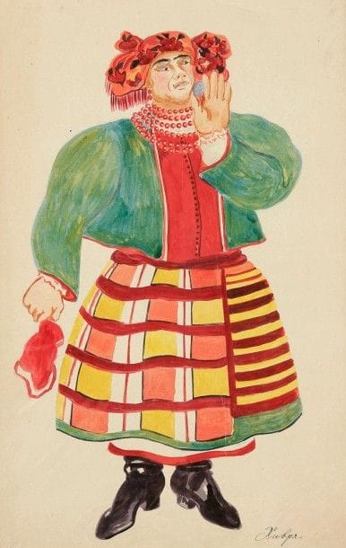 Natalia Sergeevna GONTCHAROVA (1881, Arkhanguelskoe, Toula - 1962, Paris)

Projet de costume pour La Foire de Sorotchinsky, 1929
Khivria (femme de Tchérévik).
Gouache.
Titrée en bas à droite.
47 x 31 cm
Lit. Anthony Parton, The Art and Design of Natalia Goncharova, Antique Collectors Club 2010, p. 358.
La Foire de Sorotchinsky est composée entre 1874 et 1880. Modest Moussorgski écrit lui-même le livret de son opéra comique, d'après le premier récit des Soirées dans une ferme près de Dikanka de Gogol. Cette ?uvre, inachevée, est donnée à Moscou en 1913, puis dans une version de César Cui en 1917; elle sera également arrangée et orchestrée par Tcherepnine et exécutée à Monte Carlo en 1923. N. Gontcharova et les décors de spectacles: Goncharova se rend à Paris en 1914 pour faire les maquettes pour le Coq d'or de Diaghilev à l'Opéra de Paris. En 1915 elle fait les costumes et décors pour l'Éventail de Goldoni d'Aleksandr Tairov. Après un voyage en Espagne et Italie avec Diaghilev, Larionov et Goncharova s'installent à Paris en 1919. Elle continue de travailler pour les Ballets Russes, fait les costumes et décors pour Les Noces ainsi que pour L'Oiseau de Feu de Diaghilev. Après la mort de Diaghilev, elle fait les décors pour le Boléro et pour la Valse de Méphisto de l'Opéra-Comique à Paris. Elle travaille également pour la «Chauve-souris» à New York, le London Coliseum, le Metropolitan Opera et le Royal Opera House de Covent Garden