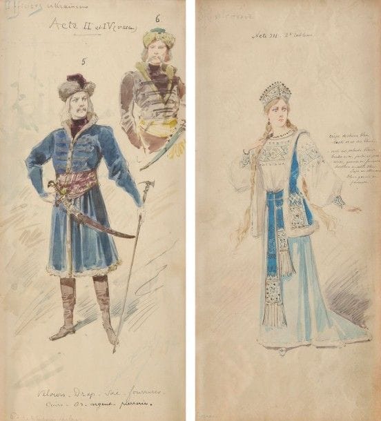 Alfredo Leonardo EDEL (1856, Colorno - 1912, Boulogne sur Seine)

Deux projets de costume pour Mazeppa, grand opéra en cinq actes et six tableaux, livret de Charles Grandmougin et Georges Hartmann, musique de la marquise de Grandval, représenté au Grand-Théâtre de Bordeaux le 24 avril 1892.
- Matrena (Soprano), Acte III (2e tableau).
Aquarelle et encre.
Signée en oblique à droite sous le personnage et datée (18)92. Annotations vers la droite.
44 x 20 cm
- Officiers ukrainiens, Acte II et IV (2e tableau)
Aquarelle et encre.
En bas à droite, signée en oblique et datée (18)92. Annotations vers le bas.
44 x 20 cm
Il réalise des projets de costume pour La Scala de Milan entre 1880 et 1890 puis collabore avec des grands théâtres de Londres, Paris et New York. Edel a dessiné des costumes pour plus de 300 représentations et spectacles