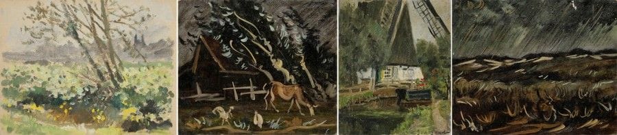 Quatre huiles sur carton:
- Le Moulin, signée en bas à droite, au dos: Holland N°95.
20,4 x 24,3 cm
- Paysage de pluie, au dos: Holland N°133.
21,9 x 17,8 cm
- Maisonnette, vache et deux poules, au dos: Holland N°144.
24,2 x 20,7 cm
- Paysage de printemps, au dos Holland N°146.
23,8 x 18,4 cm