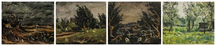 Quatre huiles sur carton:
- Cabanon, signée en bas à gauche, au dos: Holland N°92.
20,4 x 24,3 cm
- Maison, enclos à vaches et poules, au dos: Holland N°132
21,9 x 17,8 cm
- Paysage de pluie, avec une butte, au dos: Holland N°134
21,9 x 17,8 cm
- Arbres dans le vent, poules, au dos: Holland N°145.
24,2 x 20,7 cm