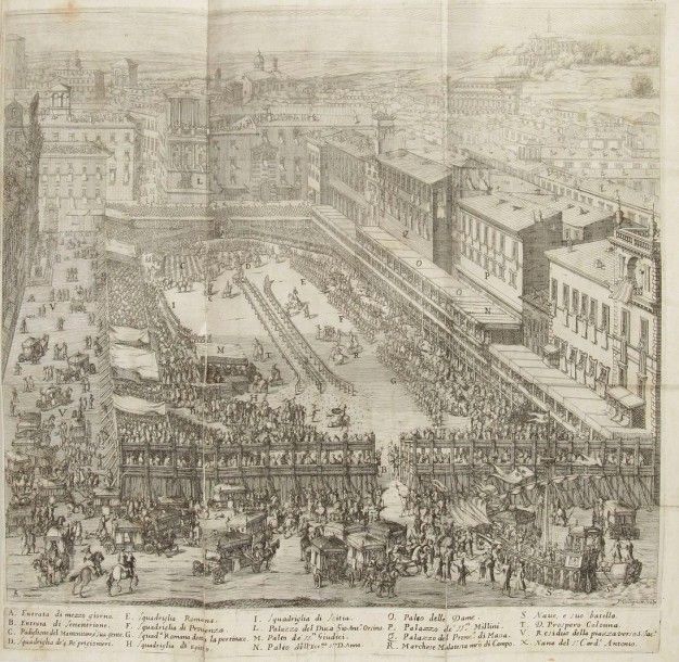 [BENTIVOGLIO (Guido)]

Festa, fatta in Roma, Alli 25. di Febraio MDCXXXIV. 
Rome: Vitale Mascardi, (1635). ? In-4, (4 ff.), 135 pp., 12 planches. Vélin souple, double filet doré en encadrement et fleuron doré aux angles sur les plats, dos lisse (reliure de l'époque). 
Ce très beau livre de fête italien relate les festivités données à Rome le 25 février 1634 par le Cardinal Barberini en l'honneur de la venue en cette ville du prince Alexandre Charles de Pologne, fils de Sigismond III. Le Cardinal organisa notamment des courses et des joutes fastueuses dans un théâtre édifié sur la place de Navone et décoré par Andrea Sacchi. Hélas le prince dut quitter Rome avant les festivités. Ce fut tout de même l'une des plus belles fêtes données à Rome au XVIIe siècle. 
Le texte de cette relation fut composé par le cardinal Guido Bentivoglio (1577-1644). L'édition est illustrée d'un titre-frontispice et de 12 belles planches, dont 11 sur double page et une dépliante, gravées d'après les compositions de Sacchi par François Collignon (1609?-1657) qui avait été l'élève de Jacques Callot. Ces planches représentent notamment un ballet ou encore les processions où l'on voit toute la magnificence des costumes. La dernière, dépliante, donne une vue générale du théâtre de la place de Navone, où se déroule une joute. 
Exemplaire dans sa reliure de l'époque en vélin doré. Le volume a été réparé et replacé dans sa reliure d'origine (traces de colle à la page 130 et sur la planche en regard, sans gravité), les gardes ont été renouvelées, petit trou sur les deux plats. Les gravures ont été remontées et restaurées pour la plupart, notamment la planche dépliante qui présente également quelques petites déchirures sans manque. Restauration à l'angle supérieur du feuillet *2, quelques mouillures claires