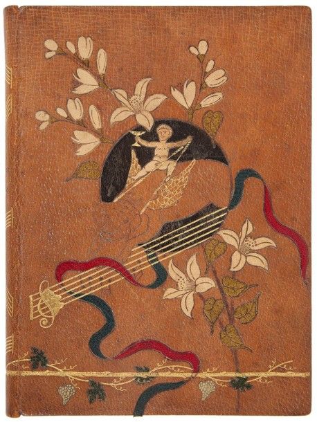 [NADAUD (Gustave)]

Chansons folles. 
[Paris: Magnier, 1887]. ? In-8, titre-frontispice, (1 f.), 132 pp. Peau de truie havane, sur le premier plat composition formée d'un cochon ailé à froid chevauché par un enfant en maroquin beige tenant une coupe dorée, traversant un médaillon circulaire de maroquin noir, autour de ce médaillon figure un décor de fleurs mosaïquées de maroquin beige et vert, d'un ruban de maroquin rouge et vert sombre et d'une portée musicale dorée avec notes à froid et clé de sol avec un visage de vieillard de profil, sur le bas se trouve une branche de vigne dorée agrémentée de feuilles et de grappes mosaïquées traversant le dos et continuant sur le second plat, se terminant par une torche; sur le second plat figure également une portée musicale dorée avec notes à froid la dernière étant surmontée d'un coq doré; devant la portée figurent une lune de maroquin citron sur laquelle sont posés deux masques de théâtre dorés et une cocotte en papier en maroquin beige; dos lisse orné de portées musicales et de notes à froid, double filet doré et tête de chat dorée aux angles à l'intérieur, non rogné, chemise à dos et bandes de maroquin vert sombre, étui bordé (Charles Meunier). 
Édition originale rare de ce recueil de chansons de Gustave Nadaud, publiée anonymement et tirée à 300 exemplaires. Elle est illustrée d'un titre-frontispice gravé à l'eau-forte par Henry Somm. 
Un des 75 exemplaires sur papier japon, celui-ci non justifié, dans une splendide et étonnante reliure en peau de truie de Charles Meunier. Nous n'avons trouvé aucun autre exemple de reliure en peau de truie exécutée par Meunier. 
Dos de la chemise passé, étui abîmé