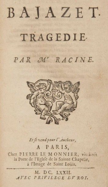RACINE (Jean)

Bajazet. Tragédie. 
Se vend pour l'auteur à Paris: Pierre Le Monnier, 1672. ? In-12, (4 ff.), 99 pp. Maroquin janséniste rouge, roulette dorée intérieure, tranches dorées (reliure du XIXe siècle). 
Édition originale de cette tragédie en cinq actes, représentée pour la première fois le 5 janvier 1672 par la troupe de l'Hôtel de Bourgogne. 
Bel exemplaire malgré un coin frotté et une petite fente à une charnière, sans gravité. Feuillets brunis. 
Provenance: librairie Quaritch, avec annotation au crayon sur la dernière garde