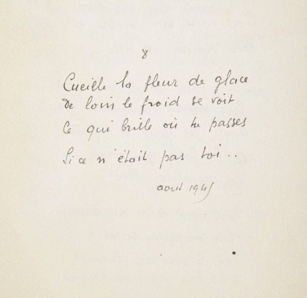 BOUSQUET (Joë)

Le Médisant par bonté. Histoires d'avares, de fols, de peulucres, de pouillacres, contarailles et contaraignes, complétées par une note de Frérot sur la médisance. Paris: Gallimard, (1945). ? In-8, 237 pp., (1 f. blanc), couverture imprimée. Broché, chemise à dos de chagrin bordeaux, étui (Devauchelle). 
Édition originale dédiée à Elsa Triolet et Louis Aragon. 
Précieux exemplaire de Germaine et Jean Paulhan, l'un des 13 numérotés sur pur fil Lafuma-Navarre, seul grand papier, enrichi d'un envoi autographe de l'auteur accompagné d'un poème de 8 quatrains intitulé La Fleur était frileuse, couvrant le faux-titre ainsi que le verso et une partie du recto du feuillet blanc en regard. 
La dédicace est ainsi formulée:
A Germaine Paulhan très affectueusement, à Jean, ce livre qui lui doit tout, fraternellement Joe
Exemplaire très bien conservé malgré de très légères salissures aux couvertures