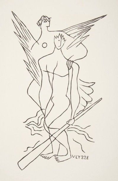 [LAURENS (Henri)] HOMÈRE

L'Odyssée. 
[Paris: Creuzevault, 1952]. ? In-4, (15 ff.), couverture illustrée. En feuilles, couverture rempliée, chemise à dos de parchemin ivoire, étui. 
Édition proposant les chants V et VI de L'Odyssée d'Homère dans la traduction française de Victor Bérard, illustrée de 14 bois originaux de Henri Laurens, dont 1 sur la couverture, 1 sur le titre, 1 à pleine page et 11 dans le texte. 
Tirage à 150 exemplaires signés par l'artiste; celui-ci est l'un des 125 sur vergé de Montval, parfaitement conservé malgré quelques rares rousseurs