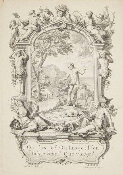 POPE (Alexander)

Essai sur l'homme. 
Lausanne, Genève: Marc-Michel Bousquet & Compagnie, 1745. ? In-4, frontispice, pp. (iii)-xxiv, 116 pp., 1 portrait, 4 planches. Maroquin rouge, plats ornés d'un décor à la Du Seuil, dos à nerfs orné, roulette dorée intérieure, tranches dorées sur marbrure (J. Canape). 
Cohen, 815-816. 
Belle édition publiée par Marc-Michel Bousquet, proposant le texte original d'Alexandre Pope accompagné de sa traduction française par Étienne de Silhouette (1709-1767) parue pour la première fois en 1741. Elle est illustrée en premier tirage d'un frontispice, 4 planches, 8 vignettes et 7 culs-de-lampe gravés par Soubeyran et Galimard d'après Ferdinand Delamonce (1678-1753), d'une vignette de titre avec le portrait de l'auteur en médaillon, gravée par Will d'après Kneller, et d'un portrait du dédicataire le Comte de Sponheim et Eberstein, gravé par Will d'après Guillibaud. 
Très bel exemplaire en maroquin de Canape, malgré un coin émoussé et une minime fente à la charnière du premier plat. 
Provenance: Camille Aboussovan, avec ex-libris