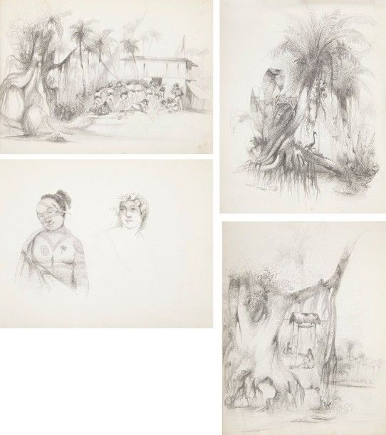 [AMERICANA]
Album de dessins. 
[Amérique, Louisiane?], avant 1856. ? Album in-4 oblong, demi-basane bleu nuit, dos lisse (reliure de l'époque). 
Précieux album de dessins originaux qu'une note de l'époque reliée en tête du recueil, attribue à Eugène Louis Joseph Gourmez, ?né à Paris le 13 avril 1817. Mort à Donaldsonville, État de la Louisiane paroisse ascension États unis d'Amérique vers le mois de (sic) 1856?. 
On y trouve 32 beaux dessins ou esquisses à la mine de plomb, exécutés dans la première moitié du XIXe siècle, certains rehaussés en couleurs. Ils se rapportent tous à l'Amérique et sans doute à la Louisiane en particulier. Y figurent des marins, des personnages féminins dont quelques portraits d'Indiennes et plusieurs vues et scènes de vie dont un grand nombre représentant des Indiens. L'une d'elles reproduit une scène de combat. 
Précieux témoignage inédit. 
Usures aux coiffes. 
Provenance: F. P. Leclercq, avec ex-libris