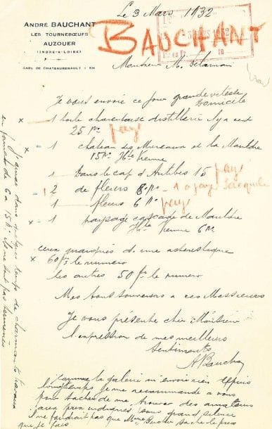 André BAUCHANT (1873-1958)
7 L.A.S., Auzouer (Indre-et-Loire) 1932-1938, [à Maurice Delamain, des éditions Stock]; 9 pages format divers,5 lettres à son en-tête (marques au crayon rouge) Belle correspondance du peintre naïf à un collectionneur. 3 mars 1932. Il lui envoie 7 toiles, dont il dresse la liste (1 toile charentaise distillerie, 1 château des Mureaux et la Mauldre, Cap d'Antibes, fleurs, etc.) avec les prix: «Comme la galerie n'envoie rien depuis longtemps je me recommande à vous pour tâcher de me trouver des amateurs aux prix indiqués (sous grand silence il ne faudrait pas que Mme Bucher sache le prix que je fais)». Il est en train de travailler à de «charmants travaux», bientôt terminés? 11 mars, il désire savoir si les toiles sont bien arrivées, en bonne condition, et demande son appréciation? 14 mars, envoi de 6 nouvelles toiles: Paysage, Rencontre, Au bord de la mer, Chasseur de chamois, Scène champêtre, etc. Il annonce «que j'ai été désigné pour concourir au Grand prix Goncourt. J'ai accepté. Donc je travaille à 3 grandes toiles»? 18 mars. Il remercie d'un chèque, et prie de présenter ses respects à Jarnac? Il expose bientôt «3 toiles au musée d'Amsterdam et pense avoir à présenter pour le prix Goncourt 3 bonnes toiles»?5 avril. Ses trois toiles sont bientôt terminées: «c'est un travail dur que j'ai entrepris, et je pense arriver à sortir quelque chose sans précédent»? 22 mai 1934. Il lui envoie 7 petites toiles, à 150 F en moyenne chaque, pour qu'il fasse son choix? 28 décembre 1938. Il vient à Paris pour faire partir sa tapisserie «au Havre et San Francisco où elle sera exposée. Je retirerai la Chouette de la galerie afin qu'elle me serve à différentes expositions». Cette toile est très demandée, mais il craint de ne pouvoir «renouveler un tel effort», et préfère la réserver pour Jacques Delamain, qui s'y intéressera sûrement: «Je sais que je n'ai pas fait plaisir à plusieurs marchands de tableaux [?] en disant qu'elle n'était pas à vendre». Il parle d'autres envois ou repris