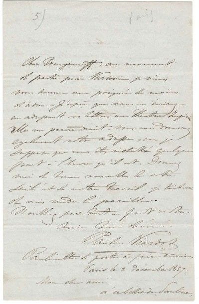 Pauline VIARDOT
L.A.S., suivie d'une L.A.S. de Louis Viardot, Paris 2 décembre 1857, à Ivan Tourgueniev; 1 page et 1 page et demie in-8 «Cher Tourgueneff, au moment de partir pour Varsovie, je viens vous donner une poignée de main d'adieu. J'espère que vous m'écrirez en adressant vos lettres au Théâtre Impérial. [?] Donnez-moi de bonnes nouvelles de votre santé et de votre travail. Je tâcherai de vous rendre la pareille. N'oubliez pas tout à fait votre amie bien dévouée»?.
Louis Viardot prend la plume pour renseigner son ami sur la publication dans les revues françaises de plusieurs de ses oeuvres (la plupart traduites par lui et Tourgueniev): L'Auberge de grand chemin dans L'Illustration, Le Partage dans la Revue de Paris, Le Birouk traduit par H. Delaveau dans Le Courrier de Paris, et Une correspondance dans le Journal pour tous illustrée par Bertall: «Vous voyez que votre nom, suivant le mot de Cervantès, vole sur toutes les ailes de la Renommée. Je crois que c'est une très bonne manière de préparer le succès du livre [Scènes de la vie russe]», dont il reverra soigneusement les épreuves?
Ivan Tourgueniev, Nouvelle correspondance inédite (1971), t. I, n° 165