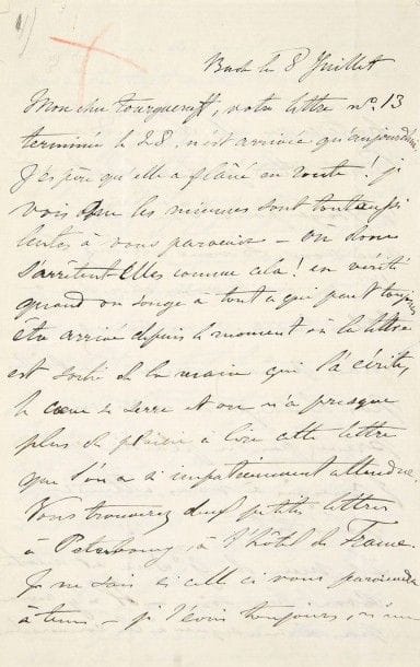 Pauline VIARDOT
L.A., Bade 8 juillet [1865], à Ivan Tourgueniev; 6 pages in-8 à son chiffre Elle déplore la longueur de l'acheminement des lettres: «En vérité, quand on songe à tout ce qui peut toujours être arrivé depuis le moment où la lettre est sortie de la main qui l'a écrite, le coeur se serre et on n'a presque plus de plaisir à lire cette lettre que l'on a si impatiemment attendue». Elle attend avec impatience l'arrivée de son ami? Nouvelles de Baden: mort de la mère du Grand-Duc (la matinée musicale est annulée), arrivée de Nikolaï Rubinstein et de Clara Schumann? Évocation de l'été et de «la chaleur étouffante» en réponse à la description de l'hiver par Tourgueniev? «Hier dans la nuit (il était près de minuit lorsque ces demoiselles sont parties), j'ai fait un tour dans le jardin ? les canards étaient sur l'eau, immobiles, mais les yeux tout grands ouverts. Mon approche ne les a pas effrayés. Une grosse grenouille a sauté dans l'eau. Quelque chose d'un peu gros remuait près de la bordure de fleurs, je me suis baissée, pensant que c'était un petit oiseau, j'avais la main dessus, lorsque j'ai reconnu que c'était un gros vilain crapaud. Je me relève et je vois Pégase [le chien de Tourgueniev] devant moi, immobile comme s'il était empaillé. La lune donnait en plein sur ses yeux et les faisait paraître tout verts. Nous nous sommes regardés longtemps en silence... [?] Je l'ai appelé, il a grogné et je me suis tue. Quelle drôle de bête ! il nous regarde tous d'un air méfiant, comme s'il nous soupçonnait de vous avoir fait disparaître par des moyens violents. Va-t-il être content de vous revoir ! je me mettrai à sa place en pensée»... Détails sur son aménagement: «Mon bureau sculpté est en place, il est tout à fait bien réussi, et d'un effet charmant. Décidément, je vais faire placer le piano carré dans la chambre des enfants et faire descendre mon petit pianino dans son ancienne place. Je ne puis pas composer à ce gros instrument qui me laisse voir tout son intérieur. Non, non, j