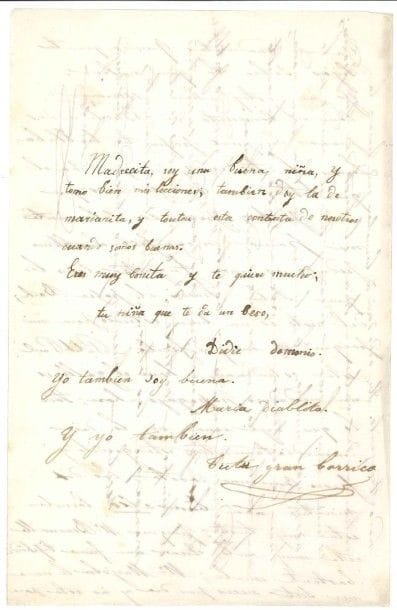 [Pauline VIARDOT]. L.A.S. par ses quatre enfants à elle adressée, [vers 1862]; 2 pages in-8; en espa
La plus grande partie de la lettre est écrite par la fille aînée Louise «Luisa» (1841-1918) à sa «madrecita querida»: elle s'escrime avec le Concerto de Bach à deux pianos, qui se termine par une fugue comme les aime «el papa Bach»; c'est une bonne étude pour elle. «Petit Paul», qui s'entraîne à faire le coq, est un vrai perroquet? Au dos, Claudie (1852-1914) assure sa mère qu'elle est une bonne fille, qui apprend bien ses leçons, et lui donne un baiser; elle signe: «Didie demonio». Puis Marianne dit qu'elle aussi est bonne, et signe: «Maria diablito»; suivie par le petit Paul (1857-1941): «Tutu gran borrico»