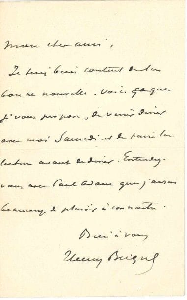HENRY BECQUE (1837-1899)
3 L.A.S.;5 pages in-8 ou in-12 «Ce que vous me demandez pour La Parisienne on me l'a demandé autrefois pour Les Corbeaux. Mes amis littéraires auraient désiré comme un programme de l'art dramatique nouveau. Je n'ai ni la force ni le goût de l'écrire. [...] J'ai toujours résisté à la tentation et vous savez si elle est grande pour un auteur, de parler de moi, de défendre mes ouvrages, de les appuyer sur des théories qui m'intéressent mais sans me convaincre»... ? Il se réjouit de la bonne nouvelle que son amie lui a annoncée: «Voici ce que je vous propose, de venir dîner avec moi samedi et de faire la lecture avant le dîner. Entendez-vous avec Paul Adam que j'aurais beaucoup de plaisir à connaître»... ? «Je ne sais plus pourquoi ma comédie L'Enlèvement figure parmi mes autres ouvrages. Elle n'a jamais été imprimée, ce n'est pas assez de dire qu'elle m'appartient, elle n'existe plus»... 
On joint un manuscrit autographe signé de Lucien Muhlfeld, article sur La Parisienne de Becque, représentée au Théâtre Antoine (1899), qui est un chef-d'oeuvre, mais dont il critique sévèrement la mise en scène et les interprètes (10 pages petit in-4)