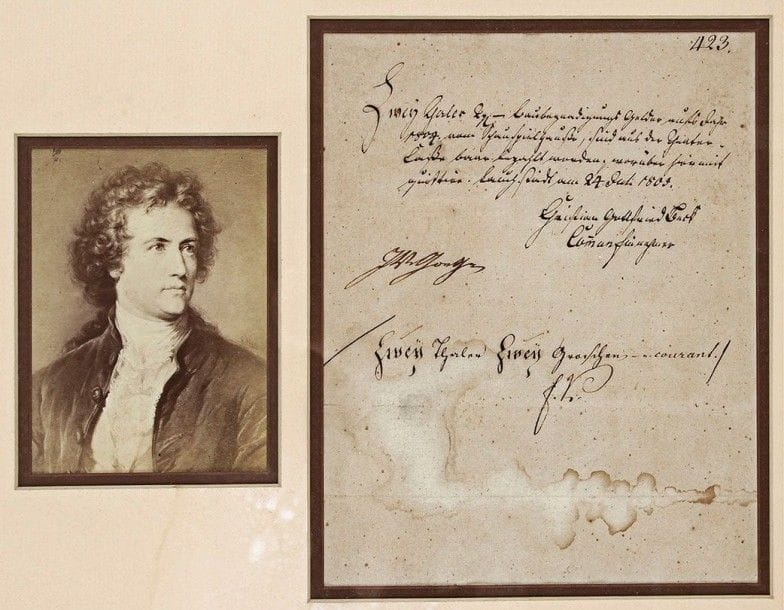 Johann Wolfgang von goethe (1749-1832)
P.S., Lauchstädt 24 juillet 1805; demi-page in-4; en allemand (mouillure dans le bas de la pièce, encadrée avec un portrait) Comme Oberdirektor du Théâtre de société de la Cour de Weimar (dont il avait dirigé la construction à Bad Lauchstädt, résidence d'été de la Cour, et qui existe encore), il signe cette quittance pour la somme de 2 thalers 2 groschens reçue du fond de construction du théâtre, et réglée par la caisse du théâtre(*)
