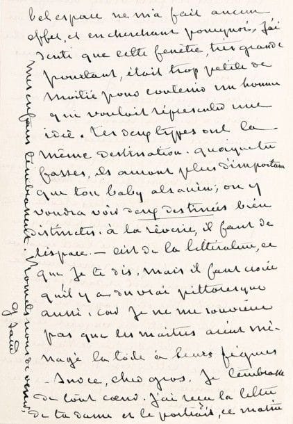 George SAND
L.A.S., Nohant 18 février 1867, à Charles Marchal; 6 pages in-8, enveloppe Longue et très belle lettre à son ami peintre.
«Oui, je suis en retard avec toi, mon petit lapin bleu, et pourtant, après plus d'une rechute, je me porte depuis huit jours, comme un turc. L'état de marasme et de maigreur disparaît à vue d'oeil, et je travaille comme trois nègres pour réparer le temps perdu. Il fait beau. Nohant est un tapis de violettes, de pervenches et de narcisses. Mon petit monde va bien.  Aurore ne dit pas encore à Chaillot, mais elle dit aïe donc, aïe donc, d'un ton prétentieux à mourir de rire. On met un décor au théâtre», et elle écrit une pièce [Le Chevalier de Tintignac]: «3 actes en 3 jours. On jouera dans une quinzaine, Lina, Maurice et Marie, avec mon neveu qui est très cabot, et deux autres gamins fils de nos amis. Ils sont très gentils et iront bien. Nous voulons monter quelques pièces de localité, c'est-à-dire du répertoire inédit et sans prétention de publicité, pour les jouer au pied levé à La Châtre», au bénéfice de l'actrice Marguerite Thuillier, «qui récolterait500 f. par soirée. 3 représentations de cette force-là, dans l'année lui constitueraient une aisance réelle avec sa pension. ? On compte sur toi pour l'essai que nous allons faire sur les planches de Nohant. Tu nous donneras bien trois jours sans trop faire de tort à ton travail, et tu me laisseras te payer le voyage. [?] Dis oui, et tu seras le plus beau lapin qui ait jamais existé. On t'appelle ici pour rouvrir le temple des jeux et des ris après les deuils et les larmes. On voudrait revenir à la vie, avec toi, au milieu de nous».
Puis elle parle des projets de tableaux de Marchal, approuvant son idée: «J'avais peur que le public si changeant aujourd'hui ne se lassât de l'Alsace et de ces costumes rigides qui entraînent la répétition des mêmes types. Les journalistes ont-ils dit assez de bêtises sur la prétendue école alsacienne ! Et puis, on se serait mis à te copier bêtement, et ça dégoût