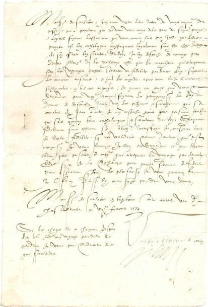 Honorat II de SAVOIE, marquis de villars (1511-1580) maréchal de France et amiral de France et des m
4 L.S. avec compliments autographes, 1570-1575, à Corberan de Cardillac, sieur de Sarlabos, gouverneur du Havre de Grâce, ou à Jean de Mouy, seigneur de La Mailleraye, commandant de Sa Majesté en Normandie et vice-amiral; 1 page in-fol. chaque, adresses Chastellerault 7 février 1570. Il envoie vers M. de La Mailleraye M. Pavyot, bon catholique, «affin que les marchans qui entreprennent fere les voyaiges prestent serment de fidélité pardevant luy»... Cahors 11 mai 1573, recommandant le S. Villandin, qu'il envoie par-delà pour les affaires de l'amirauté... Saint-Germain 17 février 1574. Il a reçu sa lettre relative à celle de l'ambassadeur du Roi en Angleterre, «touchant le faict du navire du capitaine Minville»... Turny 8 mai 1575, accusant réception du «rolle de ceulx que vous desirez estre employés en lestat de la marine»..