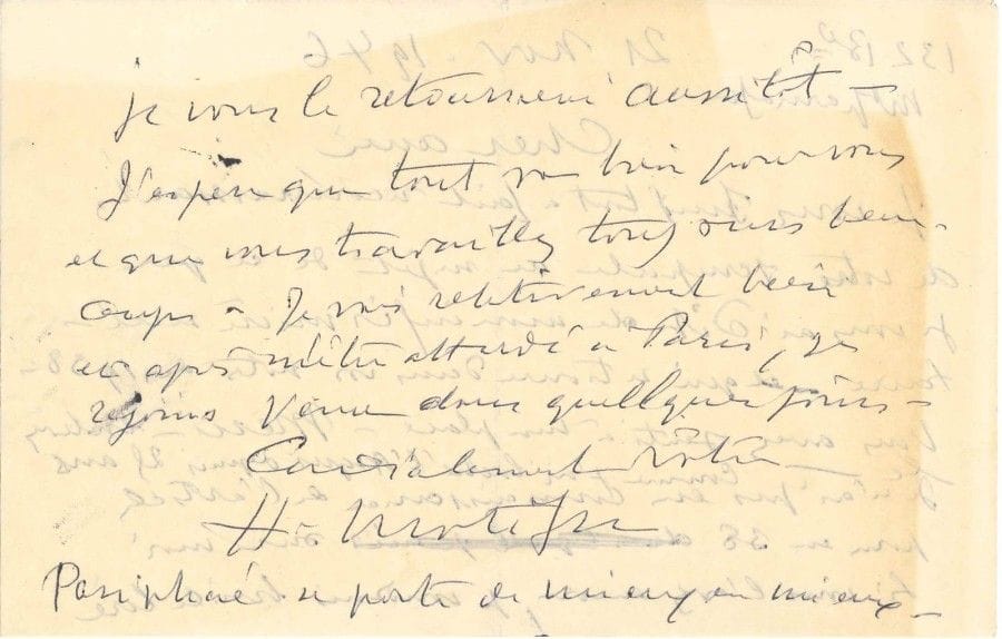 Henri MATISSE
L.A.S., Paris 21 novembre 1946, [à Henry de Montherlant]; 2 pages oblong in-8 Il le remercie de ses scrupules «au sujet de ce que je vous ai dit de mon infirmière secrétaire [Lydia Delectectorskaya] ? et qui se trouve dans vos notes de 1938. Vous avez senti à ma place ? merci ? enlevez le»... Il a lâché l'Argus depuis 25 ans et n'avait donc pas eu connaissance l'article paru en 1938, qu'il aimerait bien lire si Montherlant l'a encore... «J'espère que tout va bien pour vous et que vous travaillez encore beaucoup». Il va rejoindre Vence dans quelques jours, et ajoute: «Pasiphaé se porte de mieux en mieux»