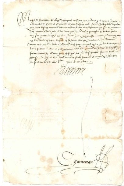 CATHERINE DE MEDICIS (1519-1589)
L.S., Fontainebleau 6 août 1571, à Corberan de Cardillac, sieur de Sarlabos, chevalier des «ordres du Roy monsieur mon filz» et gouverneur du Havre de Grâce; contresignée par son secrétaire d'État Isaac Chantereau; 1 page grand in-fol., adresse avec sceau aux armes sous papier (petit manque sans toucher le texte, légères taches) En faveur d'un marin corse. «Le Cappitaine Petrepaul corse ma fait entendre quil a proces intenté allencontre de Pierre de Malvende et Jehan Anthoine corse pour la justification duquel luy seroit besoing recouvrer certains papiers tiltres et enseignemens qui sont es mains dun nommé Gracio Paix et daultant que je le desire gratiffier en tout ce quil luy sera necessaire pour les bons services quil a faitz a ceste couronne», elle prie Sarlabos d'aller trouver ce Paix pour s'en faire remettre les papiers en question..