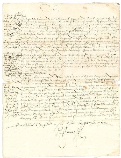 Claude PINART (1525 ?-1605) secrétaire d'État d'Henri III.
3 L.A.S. et 2 P.S., Paris ou Saint-Germain en Laye 1572-1577, à Corberan de Cardillac, sieur de Sarlabos, capitaine et gouverneur du Havre de France; 6 pages et demie formats divers, 2 adresses (qqs petits défauts 19 juin 1572, notes en marge d'une supplique au Roi par Decombes au nom de Sarlabos, pour faire payer sa compagnie de deux mois de retenues... 28 janvier 1573, transmettant des instructions du Roi... 2 mars 1573, satisfaction donnée aux soldats de Sarlabos,... 16 janvier 1574, en réponse à l'insatisfaction de Sarlabos... 19 février 1577, notes en marge d'une supplique de Sarlabos au Roi... On joint 2 L.A.S. de Decombes à Sarlabos, Paris 1574-1575