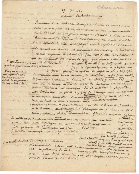 Arménie. Marie-Félicité BROSSET (1802-1880) orientaliste, professeur à l'Académie impériale de Saint
4 Manuscrits autographes sur l'Arménie, [Saint-Pétersbourg] 1860; 12 pages in-4, ratures et corrections, sous 2 chemises Dossier intitulé: Dulaurier: Chronologie arménienne. Grammaire de la langue d'Outi. ? 27 septembre 1860. Analyse du livre de l'orientaliste et égyptologue français Edouard Dulaurier (1807-1881), Recherches sur la chronologie arménienne. Technique et historique (Paris, Imprimerie impériale, 1859). Brosset a lu l'ouvrage «avec la plus grande attention» et estime que son auteur a fait faire «un grand pas aux études arméniennes». ?Au sujet d'un manuscrit de Dulaurier consacré à la grammaire de la langue de la province d'Outi, et de l'intérêt de le publier dans les Mémoires de l'Académie impériale des sciences de Saint-Pétersbourg. ? Projet. Projet de lettre au ministre russe de l'Instruction publique (minute jointe) pour expliquer que Dulaurier n'a pas respecté les procédures en usages à l'Académie, selon lesquelles il aurait dû présenter son manuscrit avant de solliciter une publication éventuelle. Brosset estime que ce travail, s'il était jugé favorablement, pourrait être publié dans le Bulletin ou dans les Mémoires, selon son étendue et le mode d'exposition. ? L.S. par le Secrétaire perpétuel de l'Académie impériale des sciences de Saint-Pétersbourg K.S. Veselovsky à Brosset, 25 mars 1860, au sujet de l'affaire Dulaurier.
Dossier intitulé Dictionnaire arménien-russe ?Khoudobachev [en russe]. ?2 mars 1860. Sévère critique de l'ouvrage d'Alexandre Khoudobachev (ou Khoudabashian), traitant de l'Arménie au point de vue géographique, historique et littéraire (Saint-Pétersbourg, Imprimerie de la Chancellerie impériale, 1859). Brosset estime qu'il s'agit d'une compilation et énumère toutes les inexactitudes qu'il y a trouvées. ? Coupure de presse russe du 23 mai 1859 donnant une analyse de l'ouvrage de Khoudabashian. ? Prospectus du Dictionnaire arménien-russe d'A. Khoudobachev (Saint-Pétersbourg, 1836, impr. en russe et en arménien, 2 exemplaires). ? 
