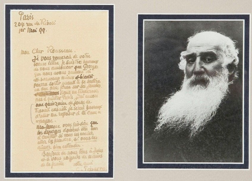 Camille PISSARRO (1831-1903)
L.A.S., Paris 204 rue de Rivoli 1er mai 1899, à ami Jules Rousseau (coutelier à Gisors); 1 page in-8 (encadrée avec une photographie) Sur son fils Georges (1871-1961, dit Manzana-Pissarro), qui était gravement malade. «Je suis très heureux de vous annoncer que Georges que nous avons ramené ici est beaucoup mieux et bientôt pourra sortir quand il se sentira un peu plus ferme sur ses jambes. Nous ne tarderons pas à quitter Paris, j'ai encore une quinzaine de jours de travail ensuite je serai heureux d'aller me reposer à la campagne. Ma femme vous fait dire que les asperges doivent être bon à cueillir si vous les voulez allez les prendre, si vous les aimez bien entendu»...
Correspondance, t. V, n° 1635(*)