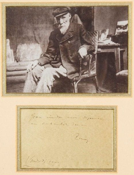 Auguste RENOIR (1841-1919)
L.A.S., Vendredi soir [27 novembre 1896], à Teodor de Wyzewa; 1 page obl. in-12 (carte postale), adresse au verso (encadrée avec portrait photographique) «Jean viendra aussi déjeuner au Caboulot demain»..(*)