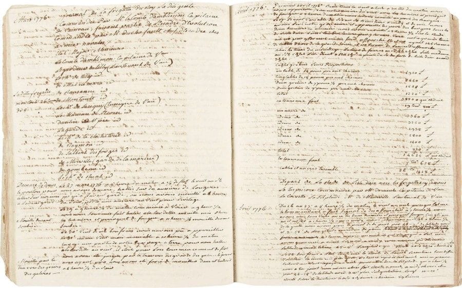 Armand LE GARDEUR DE TILLY (1733-1812) vice-amiral
Manuscrit autographe, Journeaux des Campagnes fait depuis 1756?, 1756-1776; cahier petit in-4 de 174 pages remplies d'une écriture fine, couverture cartonnée (un peu usagée), plus5 feuillets volants Relation de ses campagnes navales, comprenant notamment celles de 1756 (Louisbourg, île de Cap-Breton) et 1767-1768 (Antilles). Le futur vice-amiral est enseigne de vaisseau sur l'Inflexible commandé par «M. de Tilly», son père, dans l'escadre d'observation de Conflans, en 1756; comme lieutenant de vaisseau (1763), il sert sur le Cerf-volant commandé par La Motte-Piquet (escadre d'évolution de d'Orvilliers) en 1772, et en 1776 sur la Diligente, commandée par d'Amblimont (escadre de Du Chaffault). Tout au long du document il note la composition des escadres, la position de son navire, les conditions météorologiques, les tirants d'eau, les variations, les mouillages, de petits incidents (prises d'un corsaire et d'une goélette chargée de morue, chasse donnée à un vaisseau de guerre anglais, petit combat devant Belle-Isle, etc.)... S'y trouvent aussi des pages consacrées à la côte de Cayenne, «la côte de Portorique» (décembre 1763), l'île Mogane (janvier 1864)... Précisions sur l'artillerie et les proportions des navires sur lesquels il a servi... On le suit des côtes méditerranéennes au Canada, en Amérique, aux Antilles, à Cayenne et au large de la Vendée, entre la Martinique et Rochefort, Brest, Cadix, Marseille, Gênes, Toulon, Malaga, Lagos... Sur les feuillets volants intercalés dans le volume, des observations sur la côte de Cayenne, quelques points de la tactique navale, une expérience aux Grandes Forges en 1777, etc