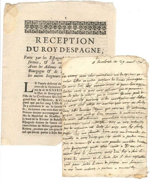 TOULOUSE. 26 lettres ou pièces, XVIIIe-XXe siècles
L.a.s. par D'Olive, Toulouse 29 avril 1701, décrivant la visite à Toulouse des princes petits-fils de Louis XIV en route pour l'Espagne. Plus l'imprimé Réception du Roy d'Espagne faite par les Espagnols dans l'ïle de la Conférence? (s.l.n.d.).
P.S. par le juge d'armes Ambroise-Louis-Marie d'Hozier avec son sceau sous papier (1822, 16 p. in-fol.), certifiant les titres et preuves de noblesse anciennement produits par Élie Ballias, ancien capitoul de Toulouse.
Manuscrits a.s. d'A. Villeneuve, maître es Jeux Floraux: La dot d'une marquise, comédie en un acte et en prose (Toulouse, août 1866, 49 p.); Livre d'Arbatel sur la magie, tome premier dit Isagogue (50 p., avec des schémas). Plus la brochure impr. des Statuts pour l'Académie des Jeux Floraux (1853). 
Rapport du comité de Toulouse de l'?uvre des Cercles catholiques d'ouvriers pour l'assemblée générale de 1878.
Copie fin XIXe s. du Testament syndical de Germain de Lafaille, syndic et ancien capitoul (103 p. sous reliure pastiche demi-vélin), rédigé en fait, d'après des notes laissées par lui; il comporte au début, sur sept pages, une description sommaire des miniatures illustrant les annales capitulaires, miniatures qui ont pour la plupart été détruites sous la Révolution.
Dossier de 18 lettres adressées au rabbin Roland Mosse, émanant de personnalités locales, 1947-1952: le cardinal Saliège, l'évêque de Montauban (Mgr de Courrèges d'Ustou), le recteur Dottin, etc. 
On joint un imprimé de Castres en 1791 (Compte rendu à l'administration du département du Tarn?); et une affiche du Préfet du département du Tarn (1804, sur la célébration des fêtes religieuses)