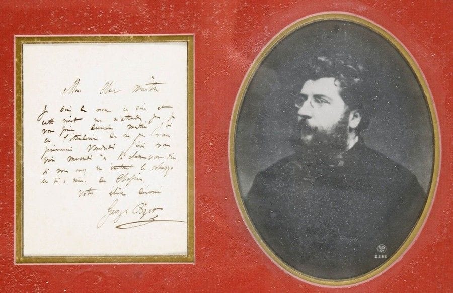 Georges bizet (1838-1875)
L.A.S., [fin 1852 ?], à son «cher Maître» [Antoine Marmontel]; 1 page in-12 (encadrée avec photographie) Belle et rare lettre du jeune Bizet à son professeur de piano au Conservatoire (il remporta un second prix de piano en 1851 et un premier prix en juillet 1852).
«Je suis de noce ce soir et cette nuit ne m'attendez pas, je vous prie, demain matin. J'ai eu l'étourderie de ne pas vous prévenir. J'irai vous voir mercredi à la classe vous dire, si vous avez un instant le scherzo en si b min. de Chopin [op. 31]. Votre élève dévoué»?(*)