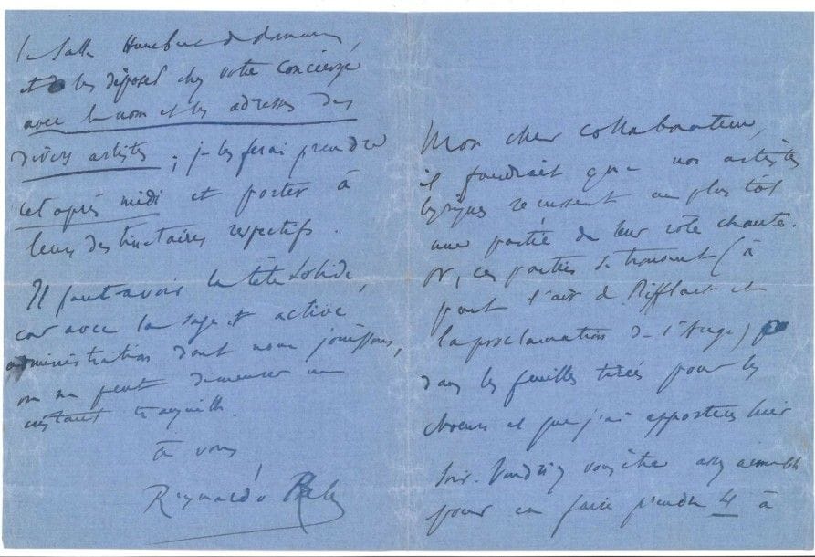 REYNALDO HAHN
8 L.A.S., 1901-1909, à Léonel de La Tourrasse; 24 pages in-8 ou in-12, enveloppes et adresses Intéressante correspondance à son collaborateur pour la Pastorale de Noël. [Reynaldo Hahn composa la musique de cette pièce écrite par Léonel de la Tourrasse et Charles Gailly de Taurines d'après un épisode du Mystère de la Passion d'Arnoul Gréban. L'oeuvre devait être donnée à la Noël 1901 dans la salle Humbert de Romans, construite par Hector Guimard, pour des représentations pieuses empêchées pour des raisons financières et des interdictions religieuses. La partition fut publiée à la même époque par Heugel. Une représentation privée en fut donnée chez Madeleine Lemaire à la Noël 1906, avec Reynaldo Hahn au piano. La création publique eut lieu le 23 décembre 1908 au Théâtre des Arts, sous la direction de D.-E. Inghelbrecht.]
[Hambourg 4 novembre 1901]. « Je vous ai télégraphié hier pour que vous alliez causer avec Heugel. De loin, il est difficile de s'entendre, et il m'a été impossible de précipiter mon départ»... Hambourg [10 novembre]. Il est très heureux des nouvelles: «Madeleine Lemaire avait l'intention de monter La Pastorale chez elle au printemps, mais quel que fût le charme de cette perspective, il n'est pas permis d'hésiter, et je suis tout prêt à marcher. Avant tout, cependant, et comme je suis très franc et comme vous êtes avant tout un esprit libre et un artiste laissez-moi vous dire que la semi-ombre au tableau est l'esprit du bien. Très chrétien et catholique, je ne suis, je vous l'avoue, nullement clérical et, pour tout dire, j'admire beaucoup le gouvernement actuel, sans prétendre, d'ailleurs en combattre les idées contraires aux miennes. Pourtant, je ne voudrais pas que la présence de mon nom dans cette affaire-ci pût faire croire que je suis de ceux qui, pour des motifs sans doute très honorables croient devoir manifester contre l'autorité actuelle en en préconisant un autre. En un mot, je serai là un peu comme ce diable dans un bénitier; diable resp