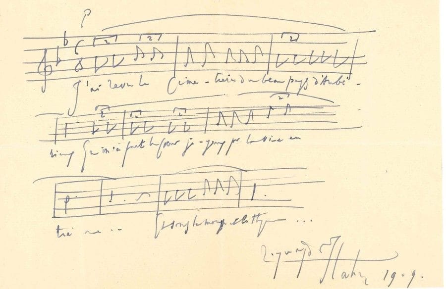 REYNALDO HAHN
P.A.S. musicale, 1909; 1 page oblong in-4 Belle page avec les 9 premières mesures, chant et paroles, de sa mélodie Le Cimetière de campagne, sur un poème de Gabriel Vicaire (1893): « «J'ai revu le cimetière du beau pays d'Ambérieux qui m'a fait le coeur joyeux pour la vie entière, et sous la mousse et le thym»..