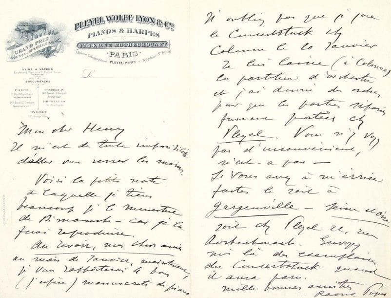 Raoul PUGNO
8 L.A.S., [1890-1910], à l'éditeur de musique Henri Heugel (et directeur du Ménestrel); 12 pages in-8 Intéressante correspondance sur ses concerts et sa musique. [1890]. Il demande une partition de Samsonnet (opérette de Victor Roger) pour Deschamps, «qui chante avec talent le ténor dans la coulisse». Hannencourt (Gargenville) [fin juillet 1897], remerciant pour les félicitations (Légion d'honneur). [Début octobre 1900] (en-tête Pleyel Wolff Lyon & Cie), priant de faire paraître dans le Ménestrel une «petite note à laquelle je tiens beaucoup» sur la première audition de son Concertstück, qu'il va jouer chez Colonne? Nice Vendredi 8 [février 1901], envoyant «une superbe critique sur le Concertstück du Petit Niçois (tirage 100.000). Je pense qu'elle vous fera plaisir». Il part jouer à Lyon? Hannover 6 février 1904, avec ses voeux. Il espère revoir bientôt Heugel, et compte prendre du repos après une longue tournée: «mes concerts (60ème ce soir ici) finiront un peu tôt cette année ? et je m'ordonne six mois sans voyages ? c'est vous dire que j'espère contenter l'éditeur». Il a fait envoyer le matériel de son Concertstück à son élève Hans Richard qui le joue à la Philharmonie de Berlin. «Quand je reviendrai, la première chose que je vous demanderai, ce sera de graver partition et parties d'orchestre»? Gargenville, Lundi [11 juillet 1910]. Ses protégées, Mlles Fourgeaud et Boynet, ont chacune obtenu un premier prix au concours féminin de piano du Conservatoire de Paris. Puis il évoque sa collaboration avec Nadia Boulanger et Gabriele D'Annunzio: «Nous avons revu d'Annunzio chez lui. Nous avons travaillé 3 heures ensemble et nous avons tout le 1er acte» des Fêtes d'Hébé. Puis, après avoir recommandé deux vins de Sauternes, il annonce: « Nous travaillons à la Ville Morte avec amour»? ? Il donne le programme d'un concert, avec un concerto de Mozart et le Concerto pathétique de Liszt pour deux pianos, ce dernier en «1re audition à Paris». Vaux, Mardi, à propos de l'organisat