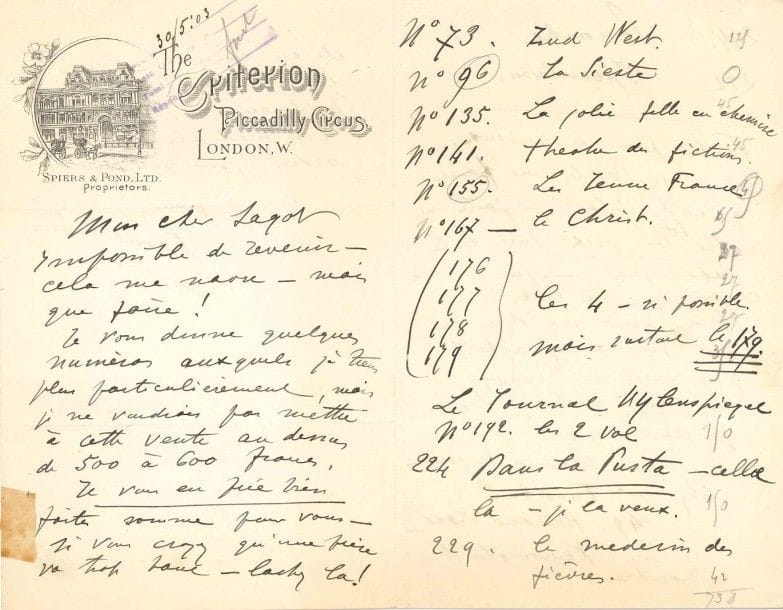 Raoul PUGNO
18 L.A.S., 1903-1913, à Edmond Sagot, libraire et marchand d'estampes; 33 pages formats divers, 2 enveloppes Intéressante correspondance sur ses collections d'estampes et de livres, et sur ses concerts. Pugno, souvent en tournées, charge Sagot de ses achats à Drouot, et lui parle de sa musique à travers ses différents concerts qu'il entreprend en Europe. Les lettres sont écrites de Paris, Gargenville, Saint-Jean-sur-Mer, Londres, Edinburgh, Saint Jean sur mer, Bruges, Vienne, Mayence, Scheveningue. Londres, avec liste d'estampes à acheter, sans aller au-delà de 600 francs pour l'ensemble... 12 juin 1903, sur les lots de Rops achetés à la vente publique du 30 mai? Saint-Jean-sur-Mer (Alpes-Maritimes) 15 février 1904: «mon année sera superbe comme chaque année. Grâce au ciel ? j'ai une santé de colosse et une énergie féroce pour mener à bien cette vie effroyablement fatigante. Pour vous donner une simple idée de quelques tours de force, je joue le 24 Fév. au soir à Venise le concert terminera à 11 heures, à 11 heures 20, je prendrai le rapide pour Milan, Bâle, Calais et je répéterai à Londres le matin du 27 ? concert le soir ? et le 29 à 3 h après-midi ? concert à Nice. C'est pas mal comme crochet ? hein ? Venise-Londres-Nice en cinq jours ? 3 concerts». Il compte voir les «belles choses que vous m'annoncez, Raffet, Bracquemont et Rops. Ne comptez pas sur moi pour vous céder mes Fantin. Hélas non, avec ma vie de commis voyageur en musique je n'ai pas vu l'exposition de Lepère ? et j'en suis triste, car vous connaissez a foi et mon adoration pour ce grand artiste [?] je vous avais chargé de me retenir un A rebours. J'ai tous les livres de Lepère et je ne veux pas en manquer un»? Edinburgh 12 décembre 1904, pour la souscription du catalogue d'Auguste Lepère et un lot de Fantin-Latour. «Je rentre à Paris pour jouer le 18 aux Concerts Colonne [?] je suis dans la neige jusqu'au cou, et le froid jusqu'aux os ! Quel foutu métier !». Schéveningue 31 août 1905: «J'ai une série