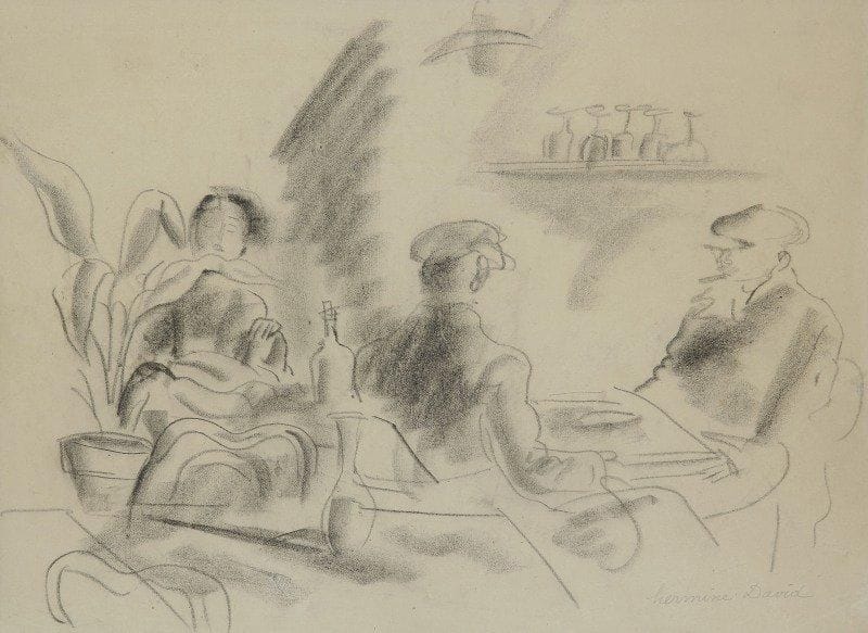 Hermine DAVID (1886-1971)

Au café
Dessin au fusain et estompe.
Signé en bas à droite.
29x39 cm