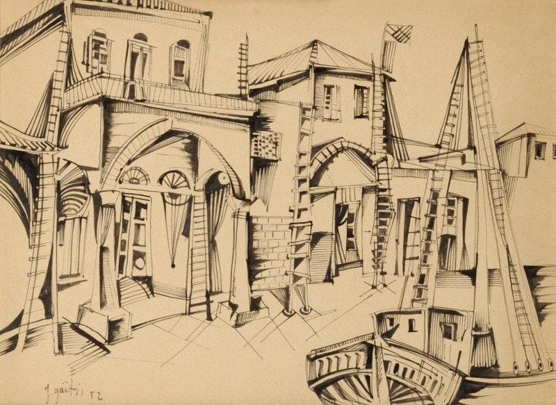 Yannis GAITIS (né en 1923)

Village et voilier, 1952
Dessin à l'encre.
Signé et daté en bas à gauche.
24x32 cm