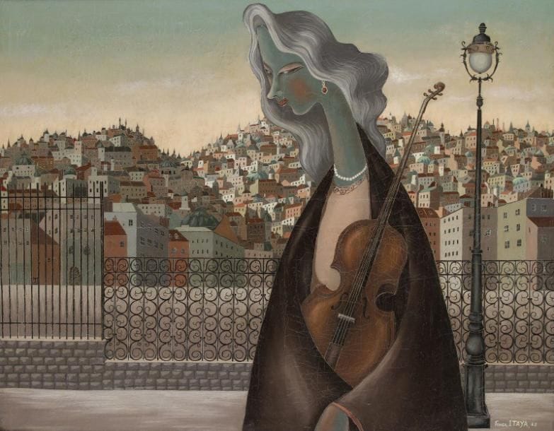 Foussa ITAYA [japonais-français] (né en 1919)

Femme au violon, 1953
Huile sur toile.
Signée et datée en bas à droite.
(Craquelures et restaurations).
83x100 cm