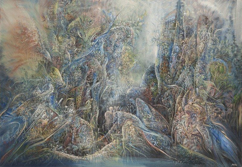 Marc JANSON (né en 1930)

Des fantômes soudain devenus arbres bleus, 1990
Huile sur toile.
Signée en bas à droite.
Signée, datée et titrée au dos.
81x116 cm