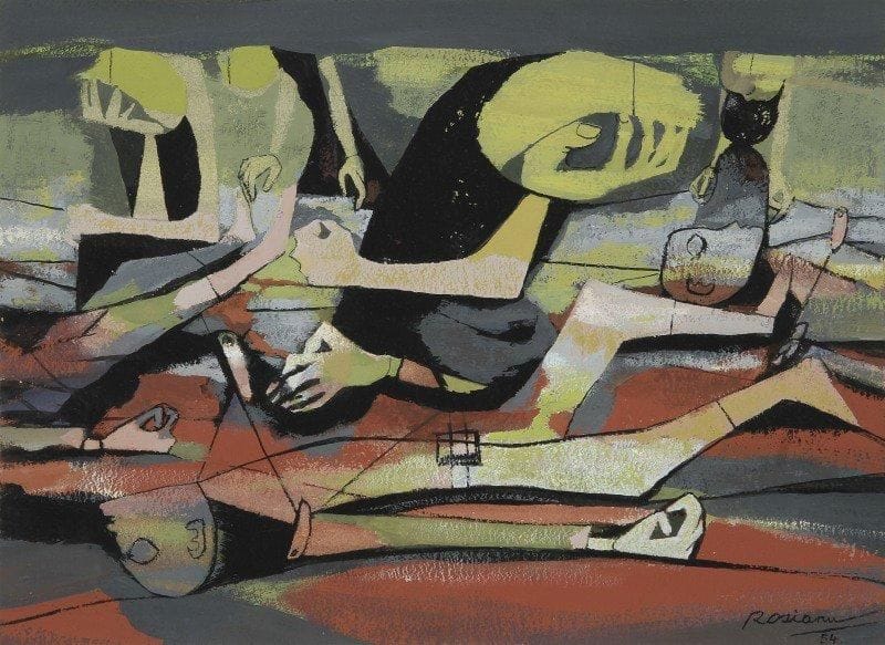 Matei ROSIANU [roumain] (1898-?)

Personnages au chat, 1954
Gouache.
Signée et datée en bas à droite.
28x39 cm