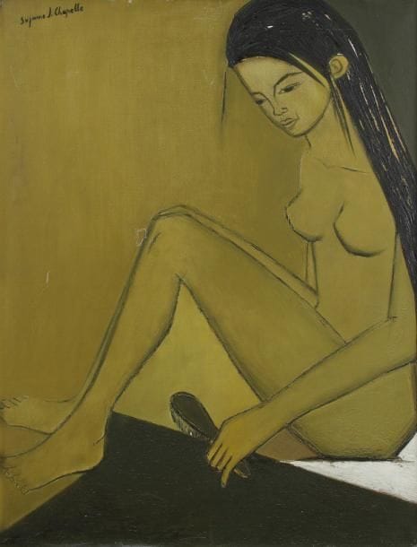 Suzanne J. CHAPELLE (née en 1919)

Après le bain
Huile sur toile.
Signée en haut à gauche.
Titrée au dos.
(Petits manques et griffures).
116x89 cm