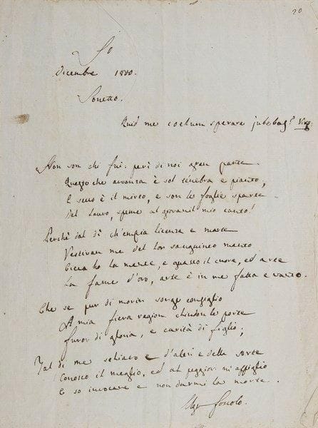 Ugo FOSCOLO (1778-1827)
Poème autographe signé, Sonetto, décembre 1800; 1 page in-4; en italien.{BR} Précieux manuscrit d'un des Sonnets de Foscolo.{BR} C'est le premier des huit sonnets publiés par Foscolo sous le titre de Poesie dans la livraison d'octobre 1802 du Nuovo Giornale dei Letterati à Pise; dans l'édition milanaise des Poesie, en avril 1803, augmentée de quatre sonnets, il sera le deuxième, après le fameux Alla sera. Le présent manuscrit, daté en tête «Dicembre 1800», et signé en fin, est précédé d'un vers de Virgile en épigraphe (supprimé dans l'édition): «Quid me c?lum sperare jubebas ?»; il présente en outre des variantes avec le texte définitif.{BR} «Non son chi fui: perì di noi gran parte{BR} Questo che avvanza è sol ténebra e pianto;{BR} E secco è il mirto, e son le foglie sparte{BR} Del Lauro, speme al giovanil mio canto !»?{BR}(Je ne suis pas qui je fus, une grande part de nous a péri, celle qui reste n'est que ténèbres et pleurs; sec est le myrte, et dispersées sont les feuilles du laurier, espérance de mon chant juvénile?){BR} Ce sonnet, composé alors que Foscolo est en proie à un amour malheureux pour Isabella Roncioni, confronte le passé et le présent; constat terrible d'un esprit aveugle et d'un c?ur dévasté, qui ne sait qu'invoquer la mort, sans vouloir ni pouvoir se la donner?{BR} On joint une l.a.s. de Lorenzo Pignotti à Mme Anne Pellegrini; une p.a.s. de Vincenzo Monti attestant la réception du livre Les Trois Âges (Milan 20 février 1820); et le manuscrit de deux sonnets en italien de Vincenzo da Filicaja.{BR}