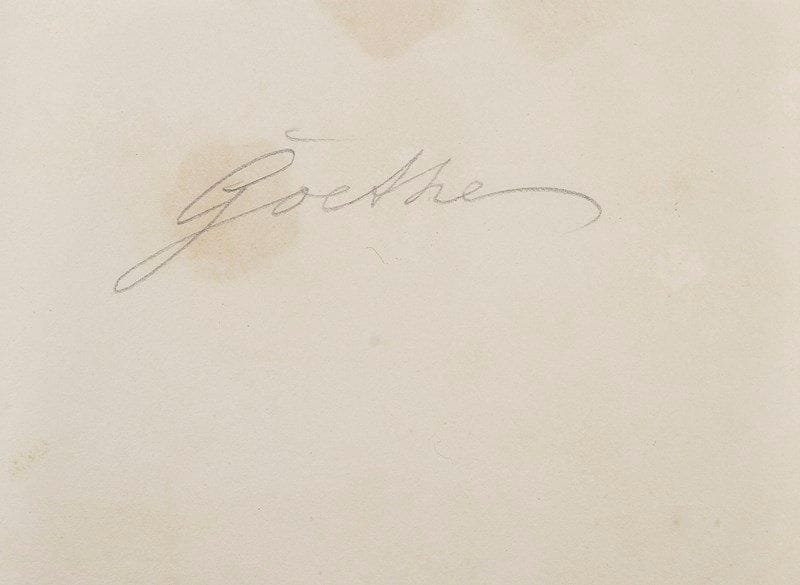 Johann Wolfgang von goethe (1749-1832)
Signature autographe; 1 page oblong in-12 (légères taches).{BR} Belle signature au crayon: «Goethe».{BR}