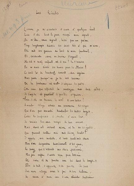Charles GUÉRIN (1873-1907)
Poème autographe signé, et 3 L.A.S., 1900-1903, à Marc Lafargue; 1 page et demie in-4 et 5 pages in-8.{BR} Les Rivales. Beau poème de 36 vers, publié au Mercure de France, sur la rivalité entre sa maîtresse et les muses: {BR} «Comme je m'accusais d'avoir à quelque écrit{BR} Loin d'elle tout le jour occupé mon esprit{BR} De m'être, c?ur ingrat, laissé par un poème{BR} Trop longtemps divertir des soins dûs à qui m'aime»?{BR} Lunéville 16 janvier 1900. Il envoie à son jeune confrère Marc Lafargue (1876-1927) un poème, et souhaite à la Revue Provinciale une «longue et glorieuse vie». Il s'agit d'un sonnet, daté du 30 mai 1898: «J'écris. Entre mon rêve et toi la lampe chante»... 6 juillet 1903, après la lecture de L'Âge d'or: «Vos poèmes ont la transparence de l'atmosphère des sommets où ils nous élèvent», d'où se dégage une lumière pure «qui laisse aux paysages que vous peignez tout l'éclat vierge de leurs couleurs. Enfin vous voyez et vous entendez neuf. C'est un très haut mérite»... Wadelaincourt [automne 1903]. Il est à la campagne et s'ennuie: «Je chasse mélancoliquement sous un ciel gris [...] Quant au travail, depuis mon dernier livre, je suis dans un état assez pénible de doute sur moi-même. Cela ne m'empêche pas d'écrire, mais bien de goûter ce que j'écris»...{BR}
