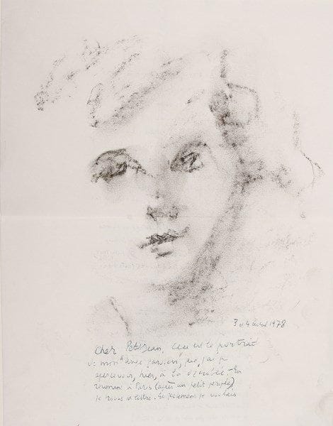 Jean GUITTON (1901-1999)
L.A.S. avec dessin original (fusain et estompe), 3 et 4 avril 1978, à Armand Petitjean; 2 pages in-fol.{BR} Beau dessin d'une tête d'enfant: «ceci est le portrait de mon ?ange gardien?, que j'ai pu apercevoir, hier, à la dérobée [...] je pense qu'il faut regarder les causes profondes, comme un philosophe: et que tu as un bon fond de santé, tu l'as vu en 1914-18 et en 1940-41. Tu vas t'étonner que je n'écrive pas fond avec un s; fonds. Mais l'autre jour l'Académie a permis, a même ordonné la suppression de l's, comme elle a ordonné la suppression des traits d'union. Ainsi on orthographiera contrescarpe, s'entraider etc. [...] Le livre de Frossard a l'avantage de donner une expérience. Je connais Frossard, et je suis sûr qu'il dit ce qui lui est arrivé. Et, pour moi, la religion chrétienne se fonde sur des faits bien constatés. C'est le sens de mes livres»... Il a fait sa «7e exposition de peinture [?] Mes tableaux se vendent 300.000, 400.000... Ce qui ne veut pas dire qu'on les achète !»{BR}
