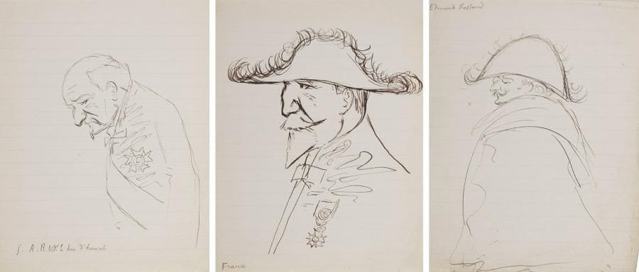 Ernest LA JEUNESSE (1874-1917)
Écrivain et caricaturiste 50 Dessins originaux à la plume, avec légende autographe; 50 feuillets d'environ 17 x 11 cm.{BR} Bel ensemble de portraits ou caricatures d'académiciens et membres de l'Institut, certains dans leur uniforme. Jean Aicard, le duc d'Aumale, René Bazin, Marcellin Berthelot, Joseph Bertrand, Gaston Boissier, H. de Bornier, Eugène Brieux, F. Brunetière, Francis Charmes, J. Claretie, François Coppée, Paul Deschanel, Maurice Donnay, René Doumic, Émile Faguet, Anatole France, Eugène Guillaume, Othenin d'Haussonville, Gabriel Hanotaux, Paul Hervieu, Henry Houssaye, Étienne Lamy (2), général Langlois, Henri Lavedan, Jules Lemaître, Frédéric Masson, cardinal Mathieu, Albert de Mun, Émile Ollivier, Gaston Paris, duc Pasquier, Henri et Raymond Poincaré, Henri de Régnier, Alex. Ribot, Jean Richepin, Henry Roujon, Edmond Rostand, Albert Sorel, André Theuriet, P. Thureau-Dangin, Albert Vandal, marquis et vicomte de Vogüé, etc.{BR}