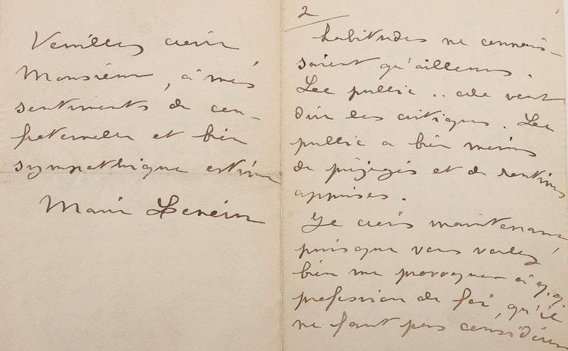 Marie LENÉRU (1875-1918)
Femme de lettres 4 L.A.S.; 14 pages in-12.{BR} Correspondance à un auteur dramatique. Neuilly [1912]. Elle espère que la préface du Redoutable l'aura renseigné; elle a toujours appelé sa pièce «en riant ?mon mélodrame, un mélodrame à la Bernstein?, mais j'aurais été bien fâchée qu'on me prenne au mot». Elle a plutôt donné une pièce psychologique, et puisqu'il souhaite provoquer quelque profession de foi, «il ne faut pas considérer le ?théâtre d'idées? comme une chose à part, il est vraiment honteux qu'on en soit venu à le faire»... ? Il lui serait utile de le mettre au courant d'une «affaire un peu chantonnée»... ? «Albert Carré m'a dit que votre lecture aurait lieu dans un mois au plus tard»...{BR} On joint 2 volumes en édition originale: Saint-Just (Bernard Grasset, «Les Cahiers verts», 1922, broché, 1/4400 sur vergé bouffant); Journal, précédé du Journal d'enfance, éd. de Fernande Dauriac (Paris, Bernard Grasset, [1945], 1/60 sur Alfa Navarre, rel. demi-parchemin à coins), ce dernier avec L.A.S. jointe à un ami, jeudi, parlant des répétitions, et souhaitant que M. de Pawlowski vienne donner ses conseils.{BR}