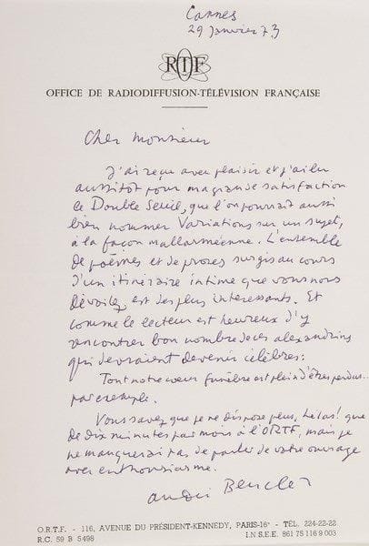 Littérature. 55 lettres ou pièces, la plupart L.A.S. ou L.S., d'écrivains, critiques, éditeurs ou journalistes, à Jean Loisy ou à Madame (Albine Loisy dite Albine Léger, puis Germaine Lafaille), 1935-1981.{BR} Marcel Arland, Luc Bérimont, André Beucler (2), Georges Charensol, Henri Clouard (4), Marie Dormoy (2), Philippe Dumaine (4), Philippe Erlanger (4), Gaston Gallimard, Daniel Halévy (6, plus un tiré à part dédicacé), René Huyghe (3), René Julliard, Robert Laffont (9), François Le Grix, Paul-Louis Mignon, Hubert Nyssen (2), Bertrand Poirot-Delpech, Bernard Privat, Jean Schlumberger, etc.{BR}